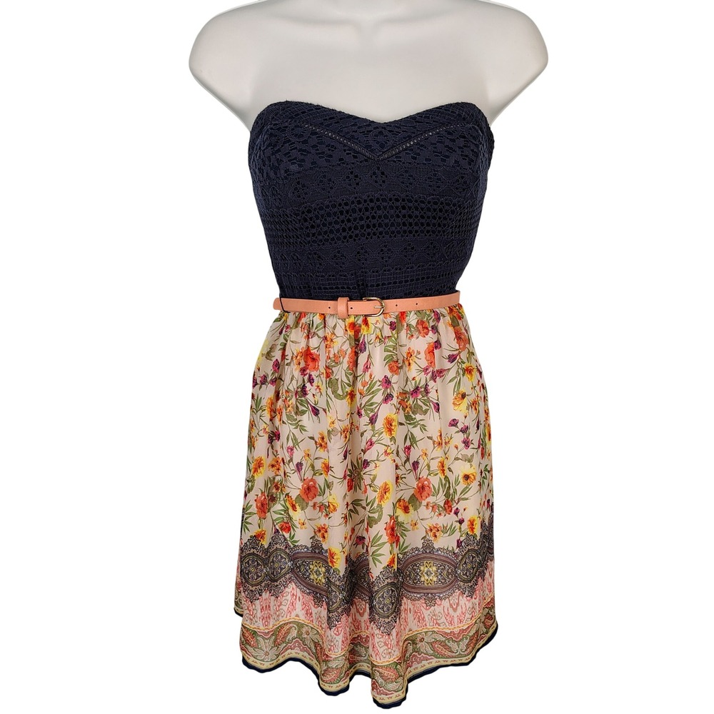 City Triangles Navy Crochet Floral Strapless Belted Mini Dress Size 5 festival